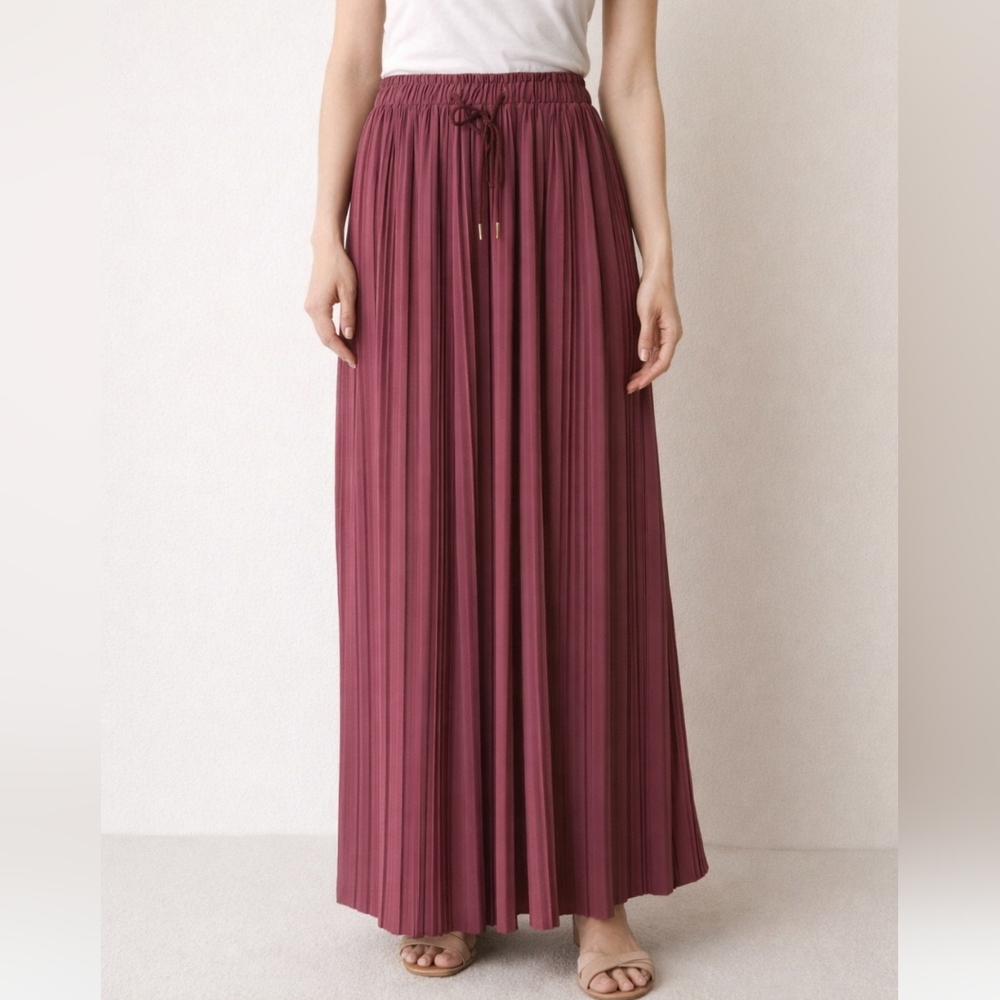 New Mix Burgundy Pleated Maxi Skirt Elastic One Size